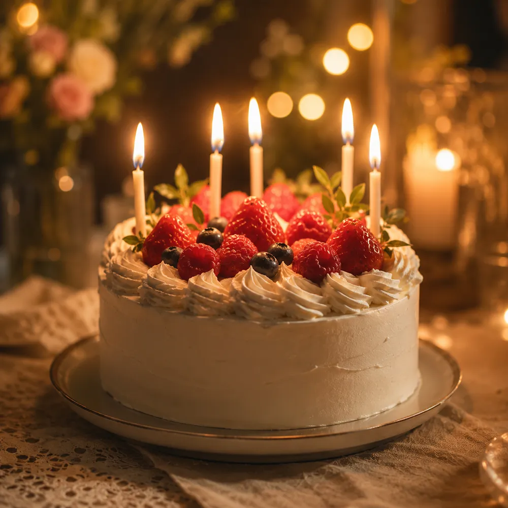 キャンドルが灯った誕生日ケーキ