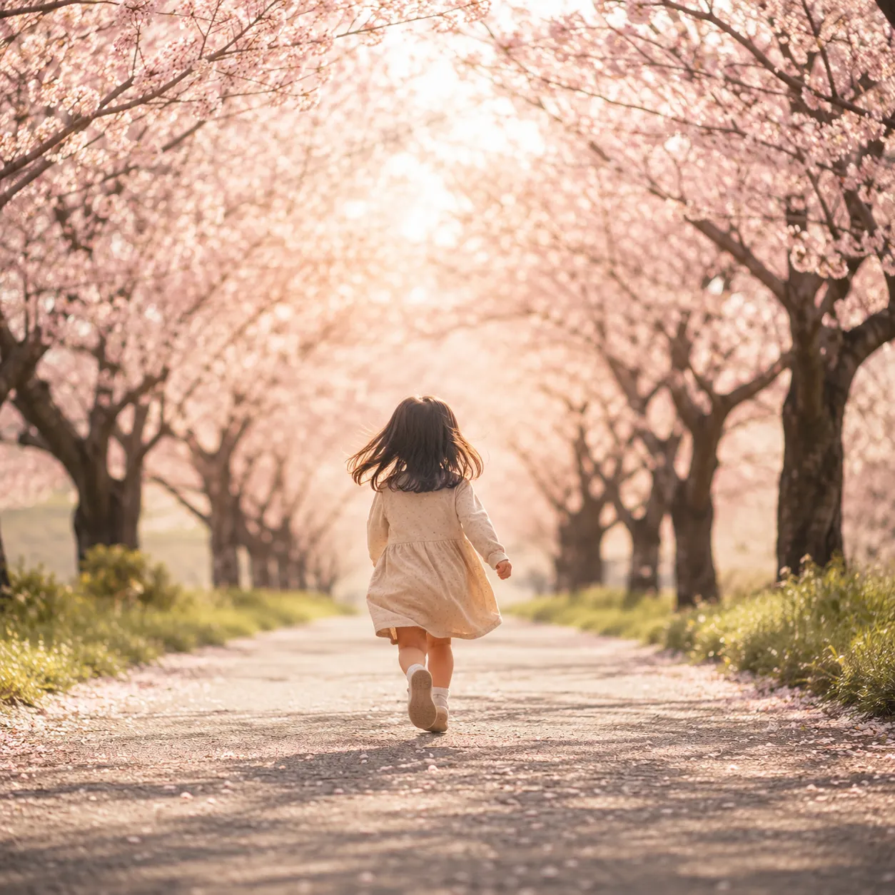 桜並木を歩く子ども